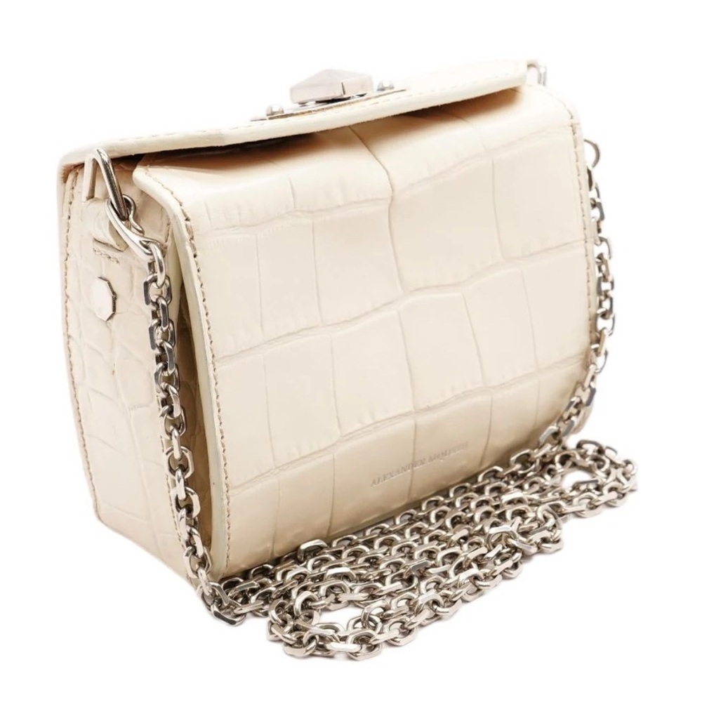 ALEXANDER MCQUEEN Calfskin Crocodile Embossed Box Shoulder Bag 16 White Bone
